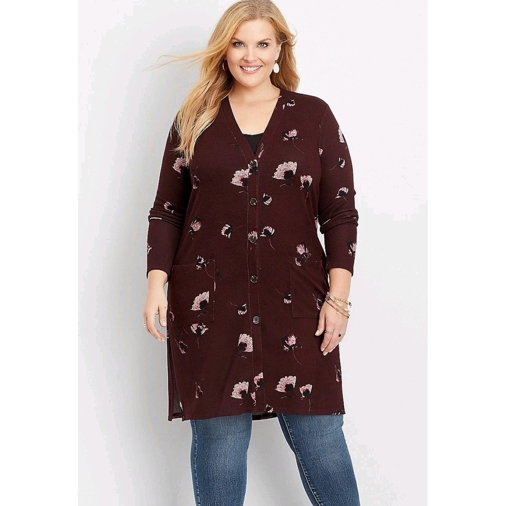 Maurices Long Cardigan Plus Size 3X Maroon Floral Button Front Pockets
